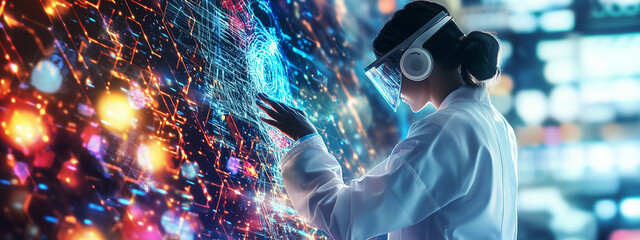 Female scientist wearing a VR headset interacts with a holographic data interface in a futuristic lab with vibrant digital visuals.