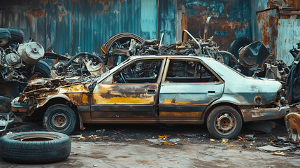 Fototapeta premium car stripped of all usable parts, sitting in a junkyard with its frame exposed, surrounded by dismantled engines, tires, and other debris