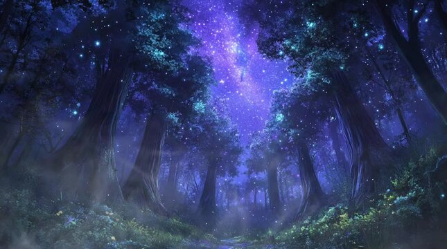 Enchanting fantasy forest glowing softly at night under a brilliant starry sky, creating a magical and otherworldly atmosphere
  Seamless looping 4k time-lapse virtual video animation Generated AI