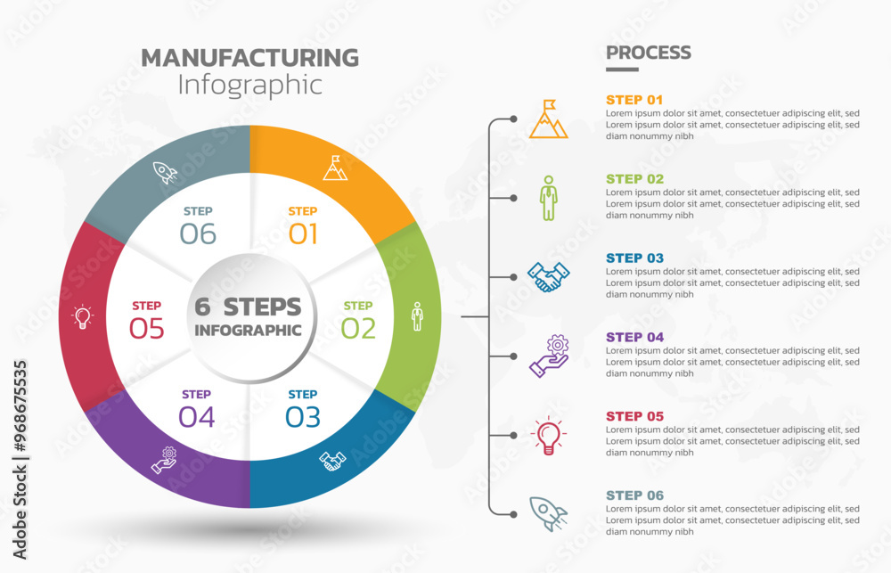 Poster Visual data presentation. Cycle diagram with 6 options. Pie Chart Circle infographic template with 6 steps, options, parts, segments. Business concept. Marketing infographic vector illustration.
