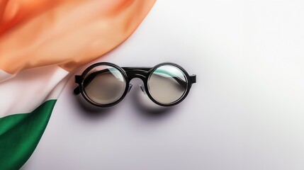 Goggles with transparent lenses on the Indian flag against a white background, symbolizing vision and patriotism, observed during Gandhi Jayanti