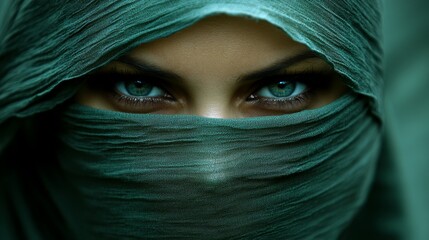 Naklejka premium An Arab woman elegantly draped in a green hijab gazes intensely towards the viewer, showcasing her captivating green eyes and the intricate texture of her headscarf