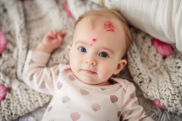 Bebê com hemangioma acordando. Bebê adorável e expressiva com uma hemangioma em forma de morango e um coração na testa. Ela acorda de um cochilo, olhando para a câmera.