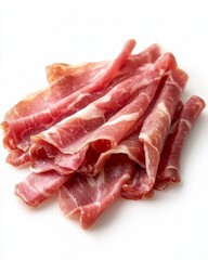 Obraz premium Thinly sliced pork strips isolate on white background