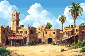 Fototapeta premium 16-Bit Pixel Desert Town with Sand-Covered Streets and RPG Market Background