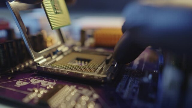 Engineer repairman holding hands in black gloves chip processor, CPU to insert into the socket of the computer motherboard. The concept of technology hardware and repair in the neon light