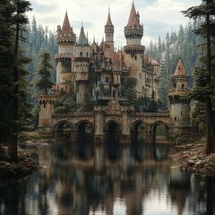 Naklejka premium Medieval Castle Over Water With Stone Bridge and Trees