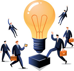 Illustration of an idea in the form of a lamp and people heading towards it