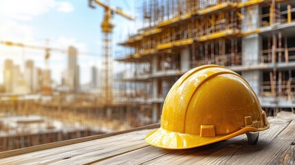 Yellow Safety Helmet on Wooden Table with Construction Project in Progress Background - Crane, Scaffolding, Partially Built Structures