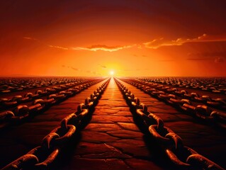Obraz premium A breathtaking view of chains leading towards a vibrant sunset, symbolizing strength and hope on a vast horizon.