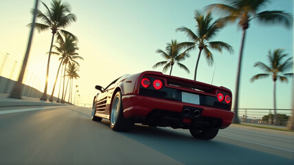 A sports car, exuding a sense of speed, speeds along the Miami Beach coastline, surrounded by palm trees.