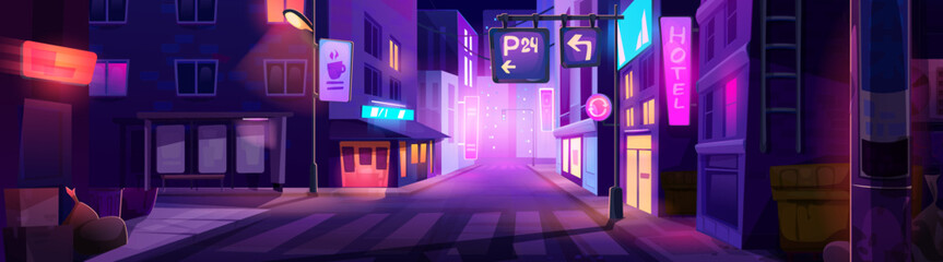 Night city street with neon building background. Perspective town view. Future urban landscape panorama with glow signboard and crosswalk on asphalt road. Dark district architecture backdrop for game © klyaksun