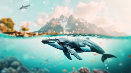 Fototapeta premium Stunning double exposure of whales swimming amidst underwater seascapes, symbolizing the awe-inspiring beauty and scale of marine life, high-resolution, rich textures, lifelike and mesmerizing