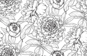 Beautiful hand drawn vector seamless pattern with black and white peonies. Endless background with summer garden plants