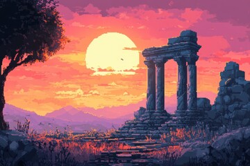 Fototapeta premium Retro Pixel Desert Adventure - 8-bit RPG Sunset Landscape with Ancient Ruins for Exploration Background