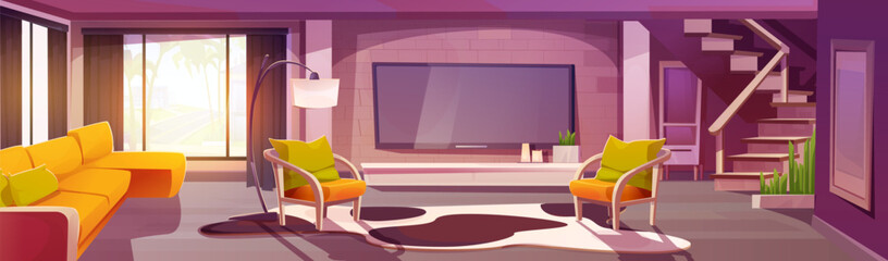 Home living room inside interior design cartoon background. Apartment with staircase to second floor in livingroom. Luxury and fancy lobby with yellow sofa and armchair. Cozy decor and sunlight