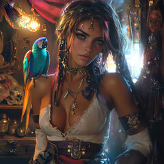 Fototapeta premium Pirate Den with Bioluminescent Elements and Macaw