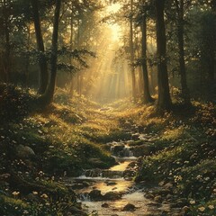 Obraz premium Sunbeams Through Forest with Stream and Flowers