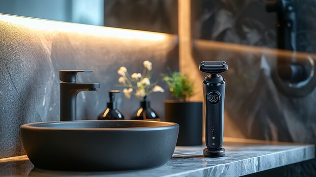 Modern Electric Razor on Bathroom Vanity with Sink and Faucet