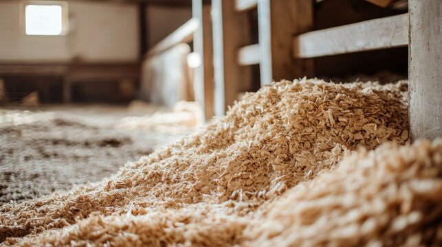 Sustainable cow bedding materials on a dairy farm, close-up of the eco-friendly products,