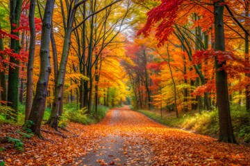 Obraz premium Path through an autumnal forest with fiery red and orange leaves