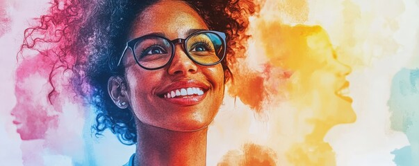 watercolor workplace diversity with happy colleagues, inclusive hiring practices emphasized, clean copyspace, vibrant and harmonious colors