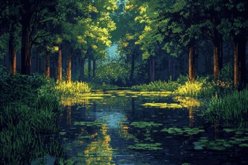 Pixelated Swamp: 8-Bit RPG Eerie Exploration Scene with Simple Pixel Trees and Dark Water