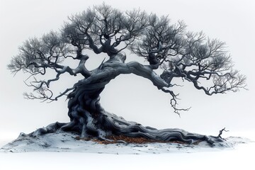 A gnarled, ancient tree with twisted branches stands alone against a white background, symbolizing resilience and longevity.