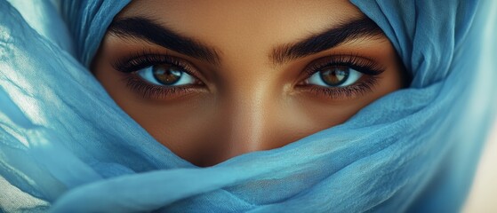 Naklejka premium A beautiful young Arab woman with striking features is elegantly draped in a blue hijab, her expressive eyes partially veiled. The setting highlights her natural beauty