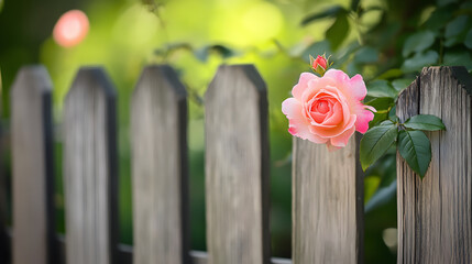 Fototapeta premium Beautiful pink roses adorn a picket fence, creating a romantic floral arrangement for a summer wedding