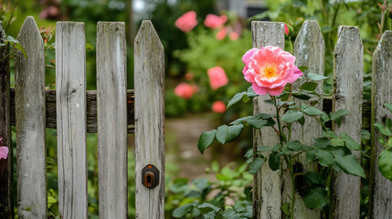 Fototapeta premium Beautiful pink roses adorn a picket fence, creating a romantic floral arrangement for a summer wedding