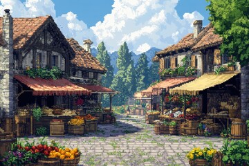 Pixelated Village Market: Colorful Stalls in Peaceful 16-Bit RPG Background