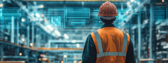 Male engineer wearing a safety helmet and reflective vest standing in a futuristic warehouse with holographic technology interfaces.