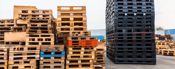 A collection of wooden and plastic pallets stacked together, showcasing different colors and sizes in a commercial storage area.