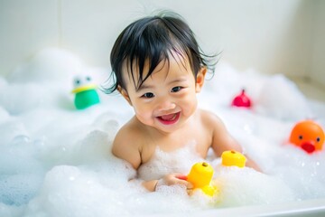 A baby Asian boy playing in a bathtub with her rubber duck and a sponge