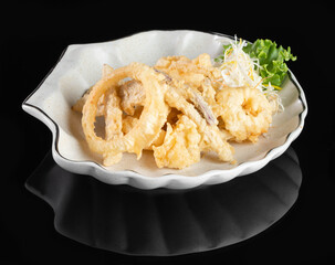 Crispy tempura served on a stylish white plate garnished with fresh lettuce, perfect for Japanese cuisine lovers and food photography.