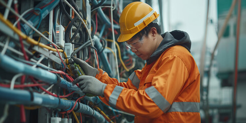 Electrician engineer adorned in safety gear is checks wire connections and continuity in an industrial electrical panel.
