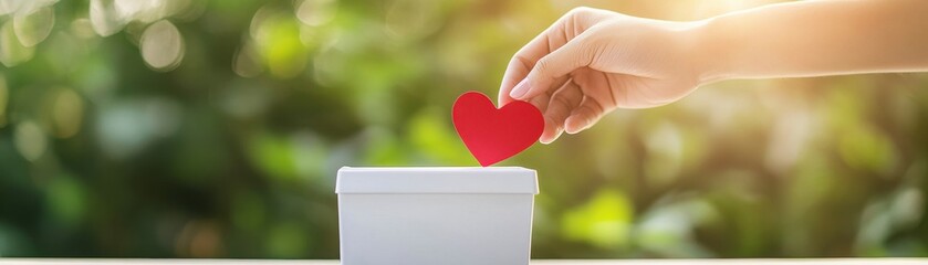 A hand placing a red heart in a donation box, symbolizing love, charity, and kindness in a bright and serene environment.