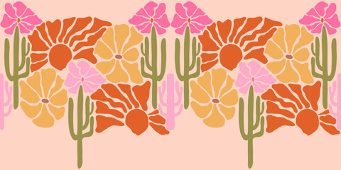 Desert Matisse border. Art nouveau landscape panorama with cactus and pumkins. Tile seamless pattern in groovy 60s 70s vibes.