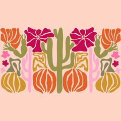 Desert Matisse border. Art nouveau landscape panorama with cactus and pumkins. Tile seamless pattern in groovy 60s 70s vibes. © mila_okie
