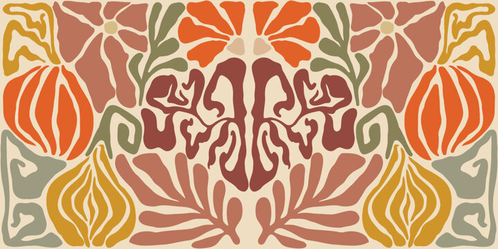 Fall Matisse illustration. Art Nouveau landscape panorama with Autumn Pumpkins. Tile seamless pattern in groovy 60s 70s vibes.