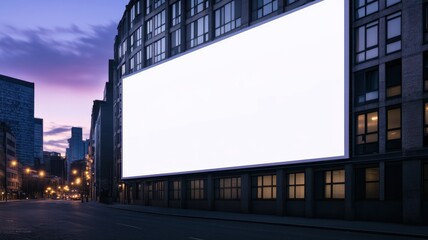 A large blank billboard on a city building at dusk, providing an ideal canvas for advertising or digital art.