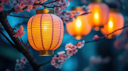 Obraz premium Enchanting Cherry Blossom Lanterns Illuminating a Tranquil Japanese Garden at Night