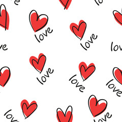  Seamless pattern with hand drawn cute red hearts ink vector illustration