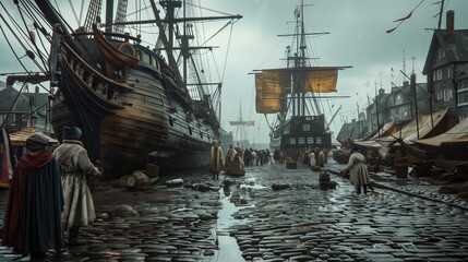 A historic ship port with old wooden ships, cobblestone pathways, and sailors in traditional attire