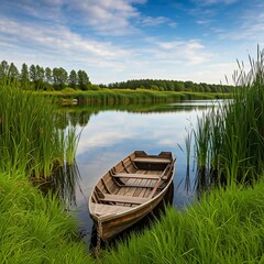 Obraz premium Wooden Boat On Calm Lake