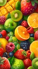 Sweet ripe fruits and berries on color background