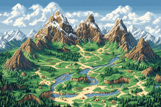 Nostalgic 8-Bit Pixel Map: Diverse Terrains of Mountains, Forests, and Rivers in RPG Overworld Simplicity