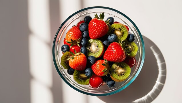 Fresh Fruit Sala in Glass Bowl with Sunlight Shaow