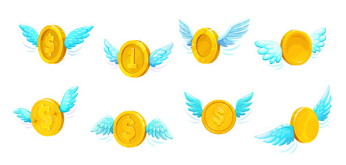 3d golden money coins with wings. Isolated vector gold winged currency set. Flying coins money for business, online shop, finance, banking, money-saving or exchange, balance, transaction or cashback